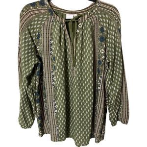 New Directions Womens Large Green Paisley V-Neck Smocked 3/4 Raglan Sleeve EUC